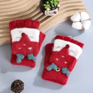Simpatici guanti lavorati a maglia senza dita per bambini, design invernale caldo, volpe rossa.