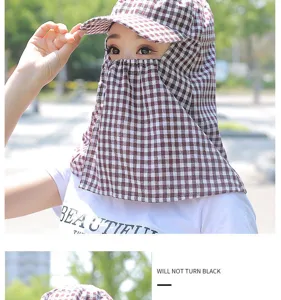 Full face sun protection hat detail showing large brim and neck flap in plaid fabric.