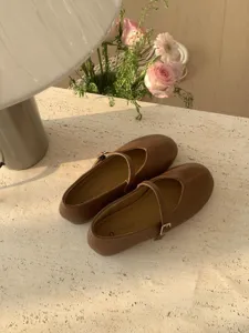 Detailansicht klassischer brauner Mary Jane Halbschuhe mit filigranem Riemenverschluss.