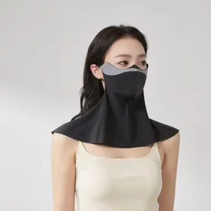 Close-up detail of the breathable summer sun protection face mask with full neck coverage.