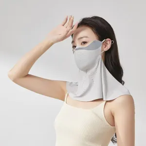 Detailed close-up view of the breathable sun protection face mask and integrated neck guard.