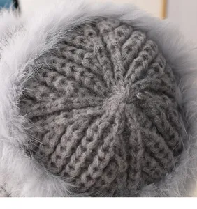 Berretto in maglia di pelliccia di coniglio grigio inverno spesso peluche cappello pescatore