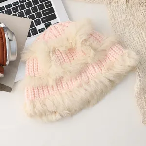 Cappello a secchiello in maglia di pelliccia di coniglio rosa, morbido peluche invernale.