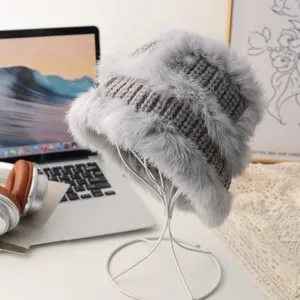 Cappello da pescatore in peluche lavorato a maglia grigio inverno caldo spesso donna moda