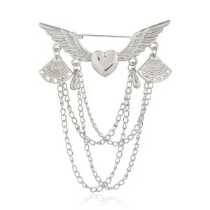 Silver angel wing heart tassel brooch pin, stylish punk chain jewelry for women and men fashion.