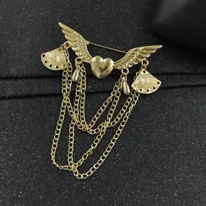 Vintage gold angel wings heart brooch with tassel chains fashion jewelry for women and men