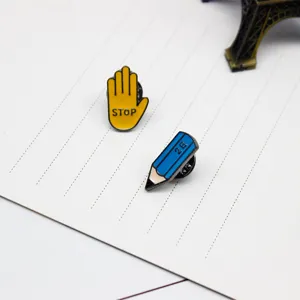 Cute cartoon enamel pins set featuring stop hand gesture and blue pencil design alloy.