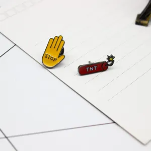 Cute cartoon enamel lapel pins set, funny STOP hand and TNT bomb metal brooch badges for clothes.