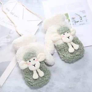 Simpatici guanti invernali in peluche di pecora da donna, spessi e caldi con cordino.