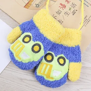 Warm winter coral fleece kids gloves with cute cartoon embroidery and neck hanging strap.