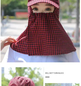 Red and black plaid sun protection hat with full face mask and wide brim for outdoor use.