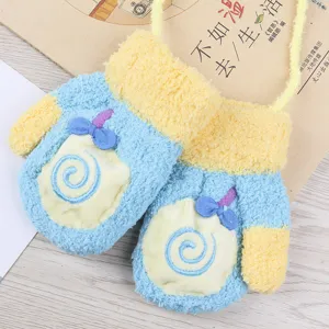 Children coral fleece winter warm gloves cute cartoon hanging neck mittens blue yellow