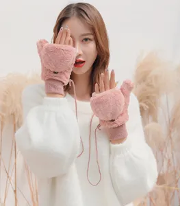 Women winter warm plush gloves pink cute mitten fingerless flip cover outdoor riding soft