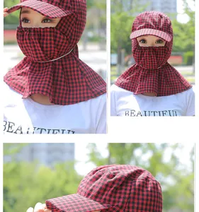 Red black plaid sun protection hat with full face cover and neck flap for outdoor farm cycling.