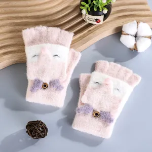Guanti convertibili in maglia rosa graziosi per bambini, calde moffole invernali.