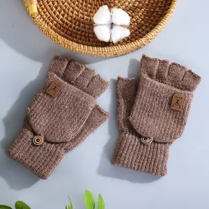 Guanti invernali marroni in maglia mezza dita convertibili calde mitten di lana per uomo donna