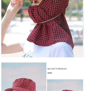 Red and black checkered sun protection hat with face cover anti-uv outdoor cycling cap