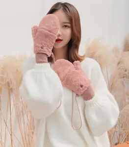 Women winter warm fleece lined mittens pink fluffy gloves with lanyard for cold weather