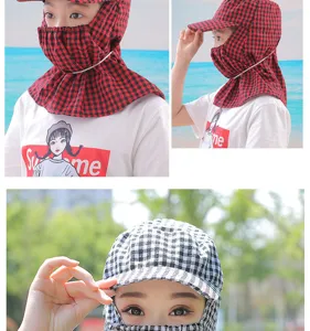 Outdoor sun protection face cover hat full face shield plaid cap for farming and fishing