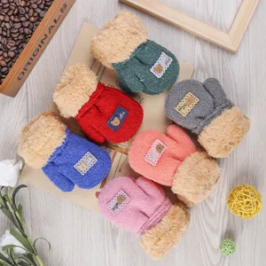 Children winter warm plush knit mittens, soft fleece thick gloves for kids multi colors.