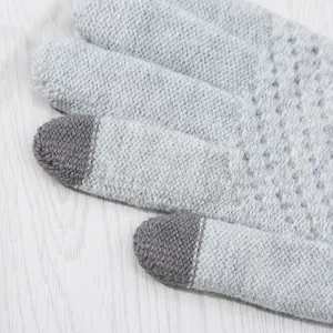 Close-up detail view of grey knitted touchscreen gloves showing fine fabric texture.