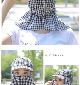 Sun protection hat with face cover and wide brim, black and white plaid design for outdoor use.
