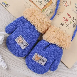 Kids warm coral fleece winter mittens cute bear patch anti-lost neck strap blue