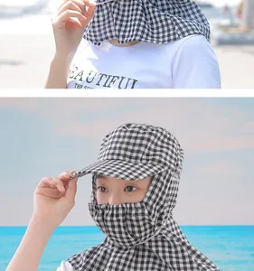 Black and white gingham sun hat with full face mask and neck flap for outdoor UV protection.
