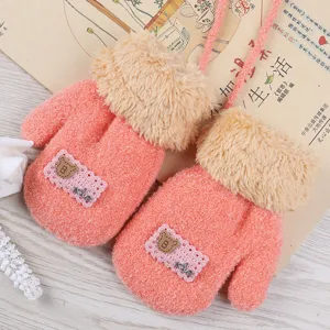 Winter warm coral fleece kids gloves cute cartoon knit baby soft hanging neck gloves