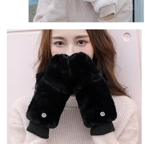 Close-up detail of winter thick plush fleece-lined mittens showcasing soft furry texture and cuffs.