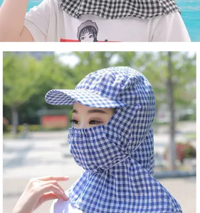 Blue checkered sun hat with face cover and neck flap for outdoor farming and cycling protection.