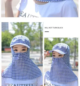 Sun protection hat with face cover anti-UV breathable checkered cap for outdoor farming riding