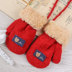 Kids winter warm coral fleece gloves soft hanging neck red mittens for children.