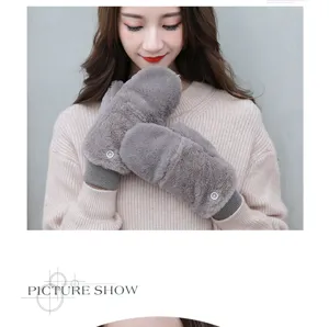 Winter warm plush mittens for women, grey furry fleece gloves with button detail and cuffs.