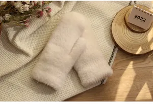 Gedetailleerd overzicht van winter pluche beige wanten, zachte dikke warme handschoenen.