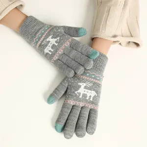 Women winter warm knit touchscreen gloves cute reindeer pattern thick fleece lined grey