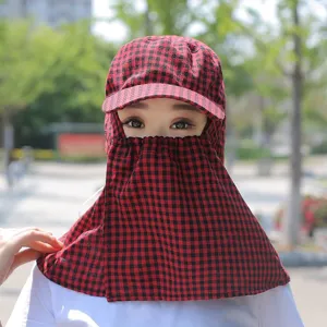 Sun protection hat with wide brim full face cover red black plaid outdoor farming cycling hat