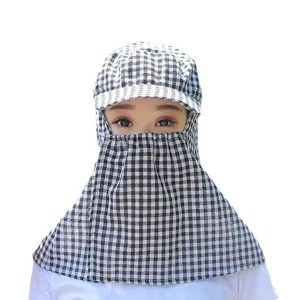 Black and white checkered sun protection hat with full face mask and wide brim for outdoor farm.