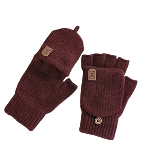 Guanti in maglia di lana convertibili senza dita invernali caldi bordeaux per adulti.