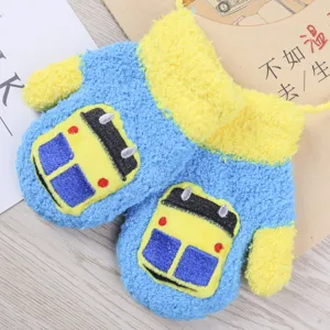 Winter warm coral fleece children gloves cute cartoon bus design soft baby mittens with neck string