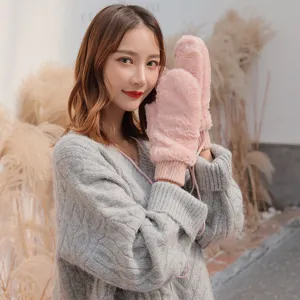 Women winter warm plush mittens gloves with hanging string cute cold-proof thick fleece