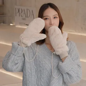 Women winter warm plush mittens with hanging rope, soft cozy thick cold-proof gloves.