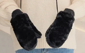 Black plush winter mittens with lanyard, cozy fuzzy warm gloves for women and couples.