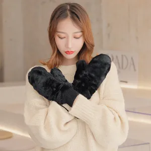 Stylish black plush winter mittens for women, warm fuzzy mittens with soft knitted cuffs.