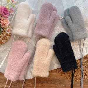 Winter Warme Kunstminkbont Wanten Voor Volwassenen Verdikte Pluche Winddicht Effen Kleur Leuke Koreaanse Stijl Koud Weer Handschoenen