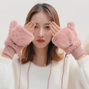 Women Winter Warm Plush Mitten Gloves Flip-Top Convertible Thickened Cold-Proof Windproof Mittens With Anti-Lost Lanyard
