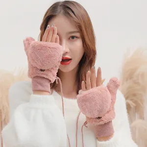 Women winter warm fuzzy convertible mittens with lanyard cozy pink plush fleece gloves