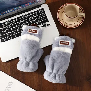 Cute plush winter gloves with deer antlers and half-finger flip design, warm and thick for students.