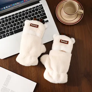 Cute deer antler plush winter gloves, half-finger flip design, warm and thick for students.