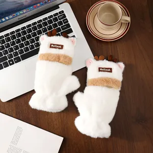 Winter plush deer antler gloves, thick warm half-finger flip design for daily students.
